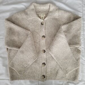 Jessica Simpson Oatmeal Cream Ribbed Knit Cropped Button-Down Cardigan